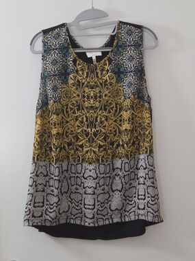 Laundry By Shelli Segal Mixed-Print Sleeveless Tank Top in Mustard and Black
